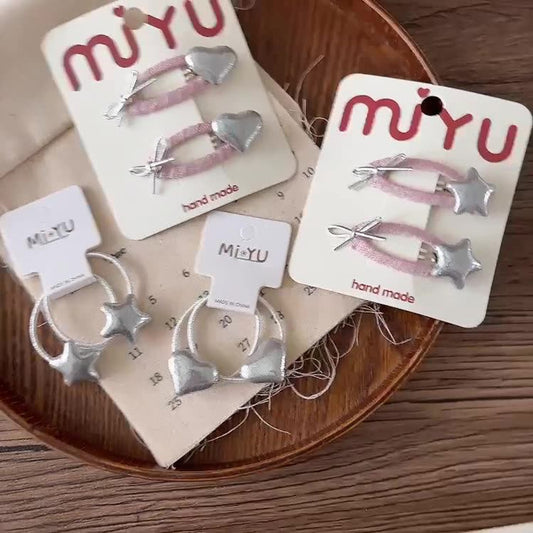 MyKids-USA® Collection of 2 Versatile Cute Heart and Star Pattern Hair Clips and Hair Ties