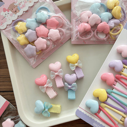 MyKids-USA® Collection of 5-10 Versatile Cute Heart and Star Pattern Hair Clips and Hair Ties
