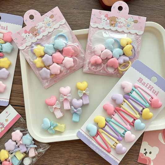 MyKids-USA® Collection of 5-10 Versatile Cute Heart and Star Pattern Hair Clips and Hair Ties