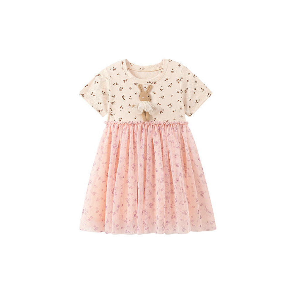 MyKids-USA® Flowers Pattern Short Sleeves Tulle Patchwork Dress for Stylish Girls
