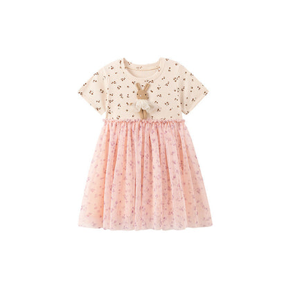 MyKids-USA® Flowers Pattern Short Sleeves Tulle Patchwork Dress for Stylish Girls