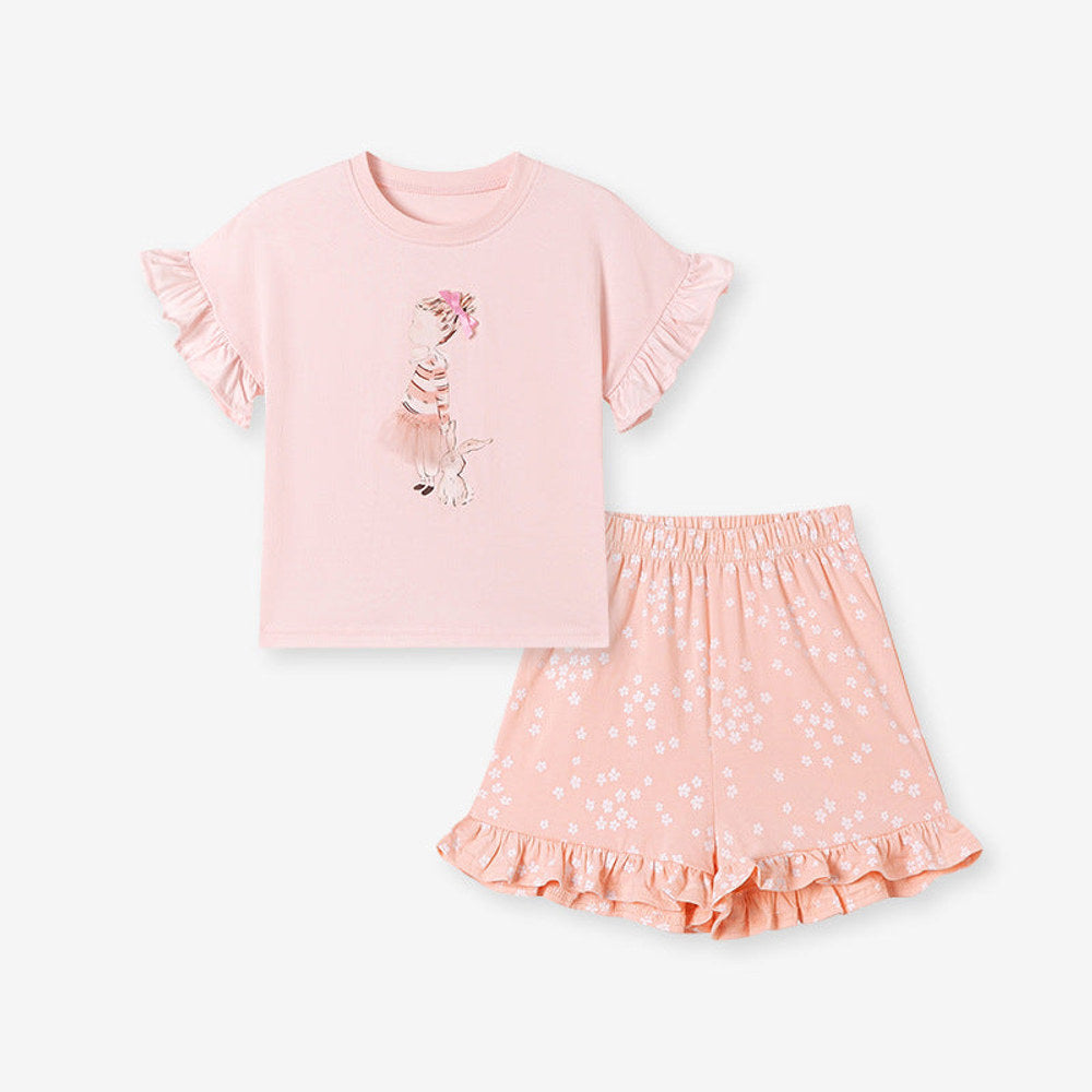 MyKids-USA® Summer Hot Selling Baby Kids Girls Short Sleeves Cartoon Pattern T-shirt and Floral Shorts Clothing Set