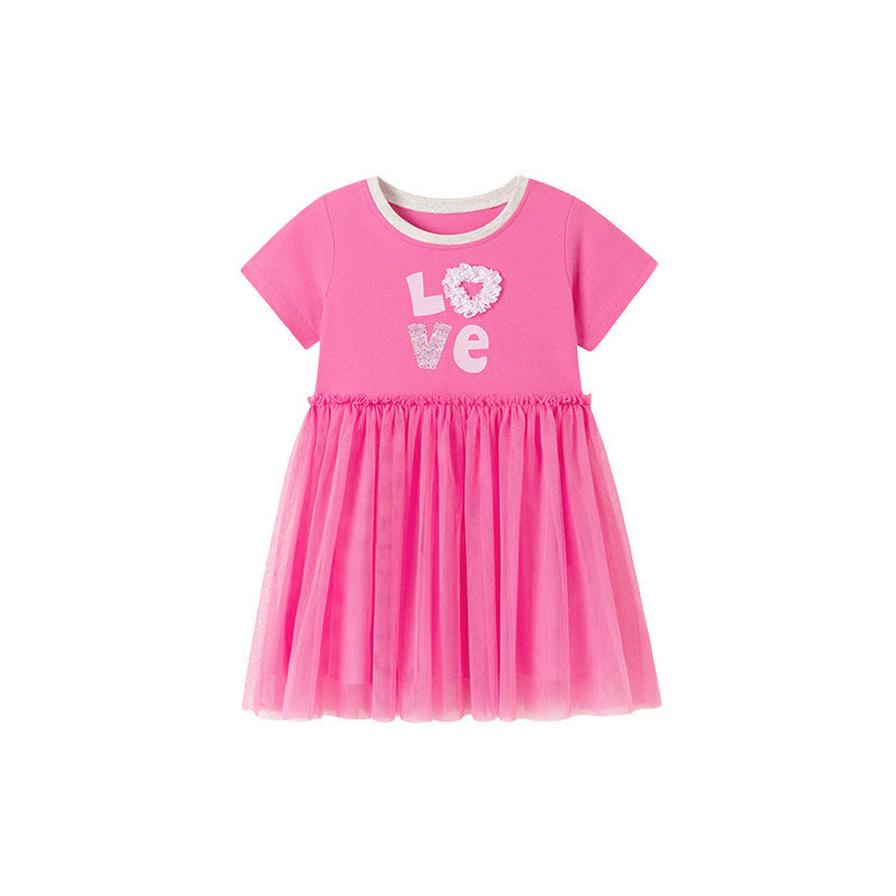 MyKids-USA® Letters and Heart Pattern Short Sleeves Tulle Patchwork Dress for Stylish Girls