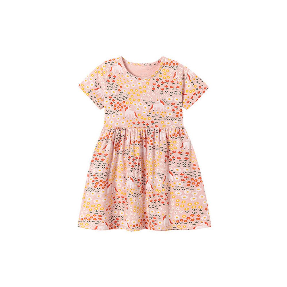 MyKids-USA® Flowers and Animals Pattern Short Sleeves Dress for Stylish Girls
