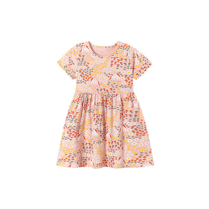 MyKids-USA® Flowers and Animals Pattern Short Sleeves Dress for Stylish Girls