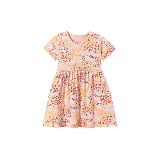 MyKids-USA® Summer Arrival Flowers and Animals Pattern Short Sleeves Dress for Stylish Girls