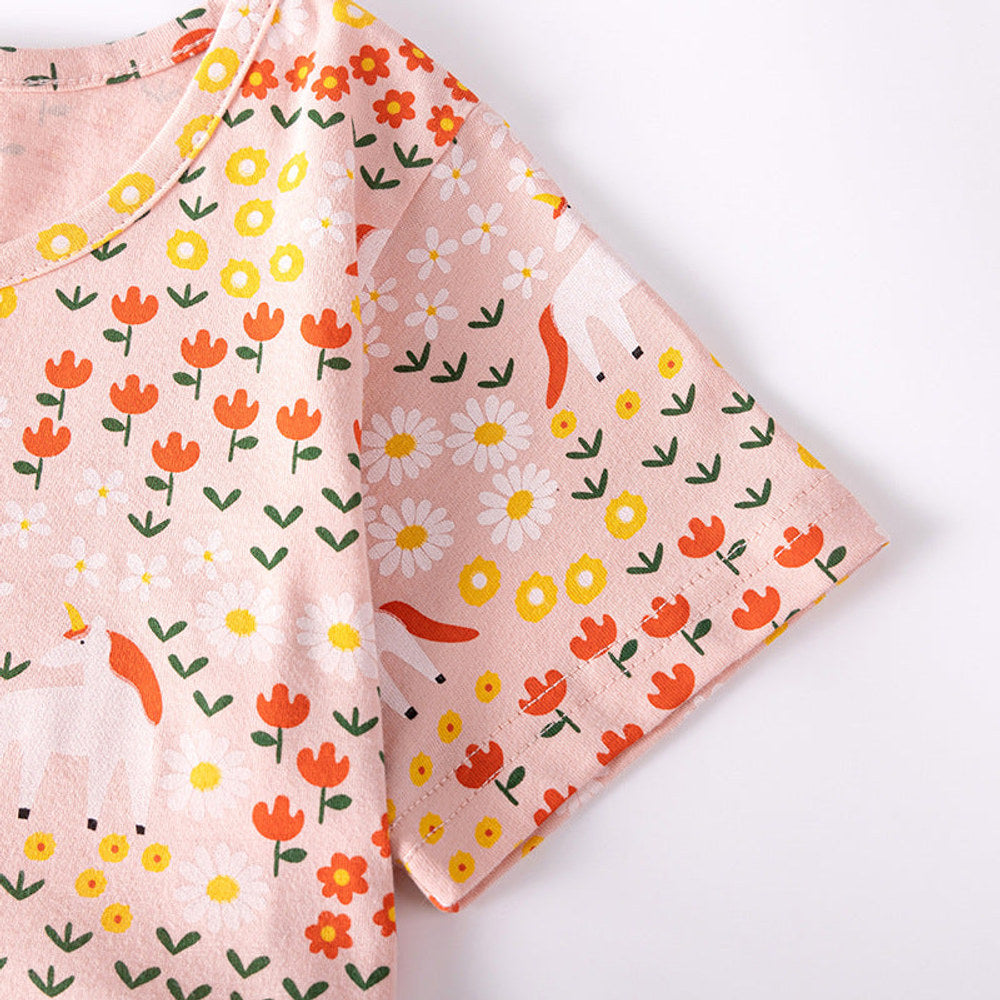 MyKids-USA® Flowers and Animals Pattern Short Sleeves Dress for Stylish Girls