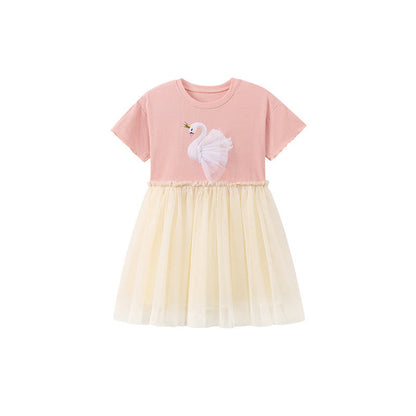 MyKids-USA® Goose Animals Pattern Short Sleeves Tulle Patchwork Dress for Stylish Girls