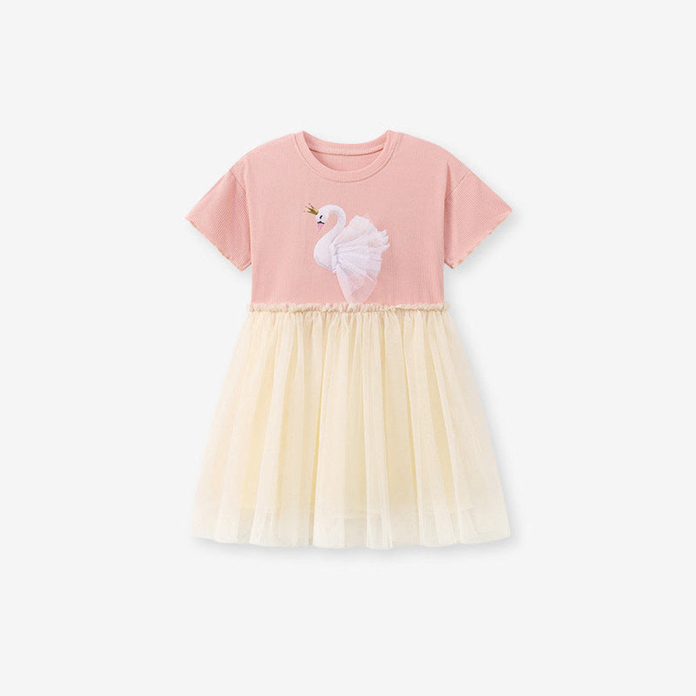 MyKids-USA® Goose Animals Pattern Short Sleeves Tulle Patchwork Dress for Stylish Girls