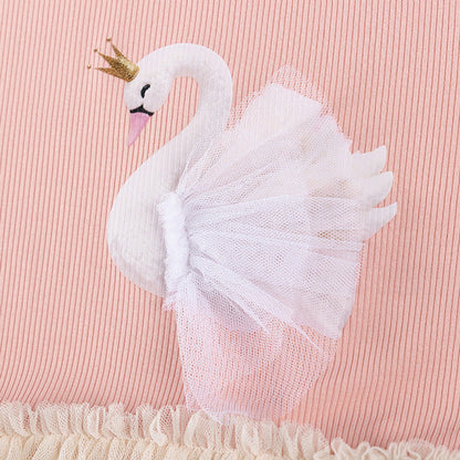 MyKids-USA® Goose Animals Pattern Short Sleeves Tulle Patchwork Dress for Stylish Girls