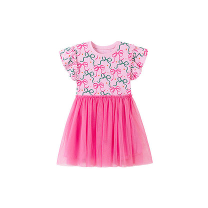 MyKids-USA® Butterfly-bows Pattern Short Sleeves Tulle Patchwork Dress for Stylish Girls