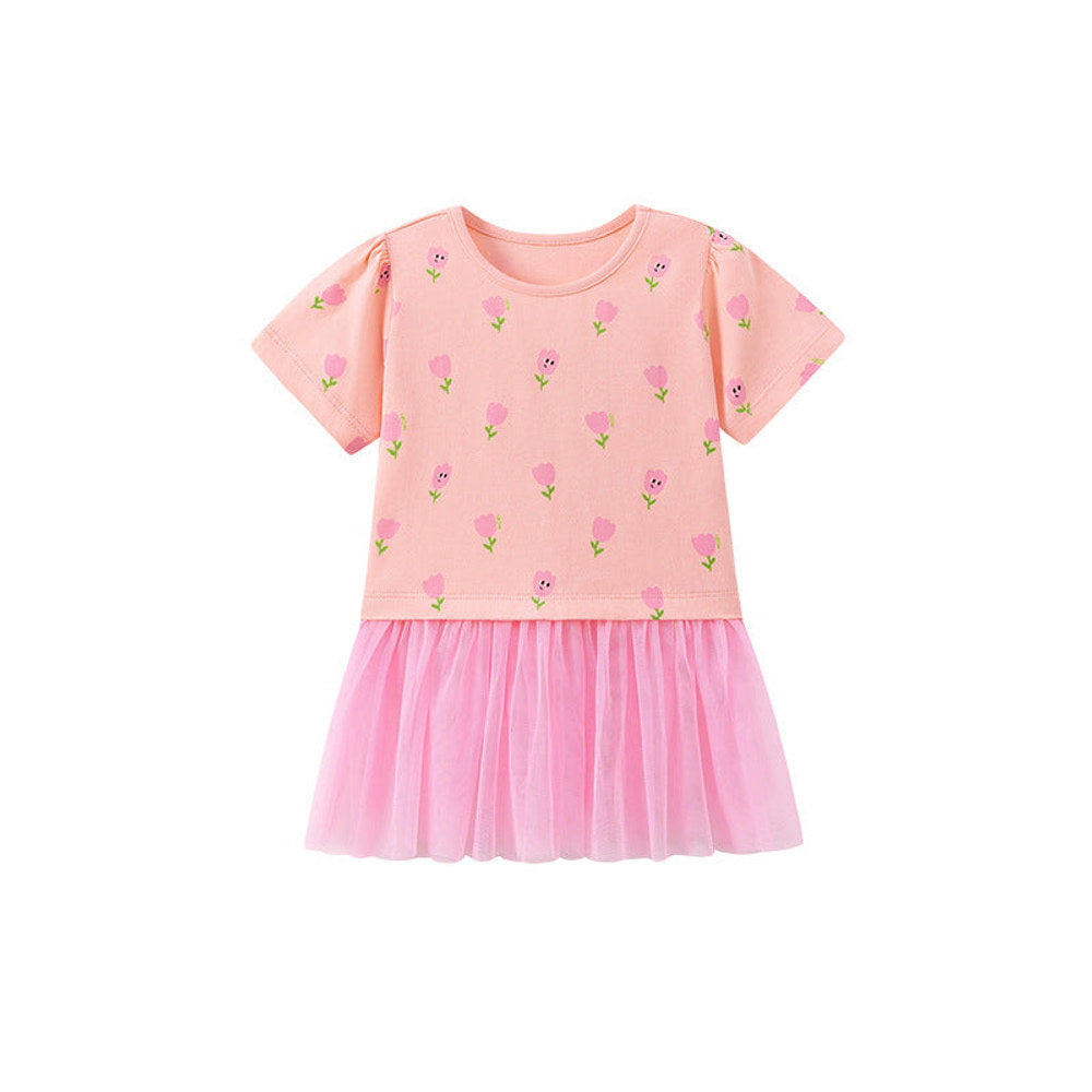 Flowers Pattern Short Sleeves Tulle Patchwork Dress for Stylish Girls