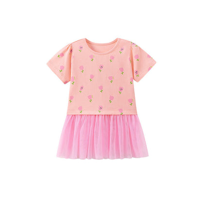 Flowers Pattern Short Sleeves Tulle Patchwork Dress for Stylish Girls
