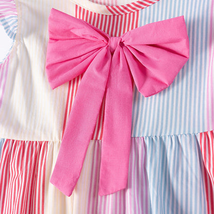 MyKids-USA® Color Patchwork Striped Pattern Sleeveless Dress for Stylish Girls
