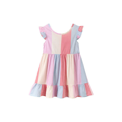 MyKids-USA® Color Patchwork Striped Pattern Sleeveless Dress for Stylish Girls