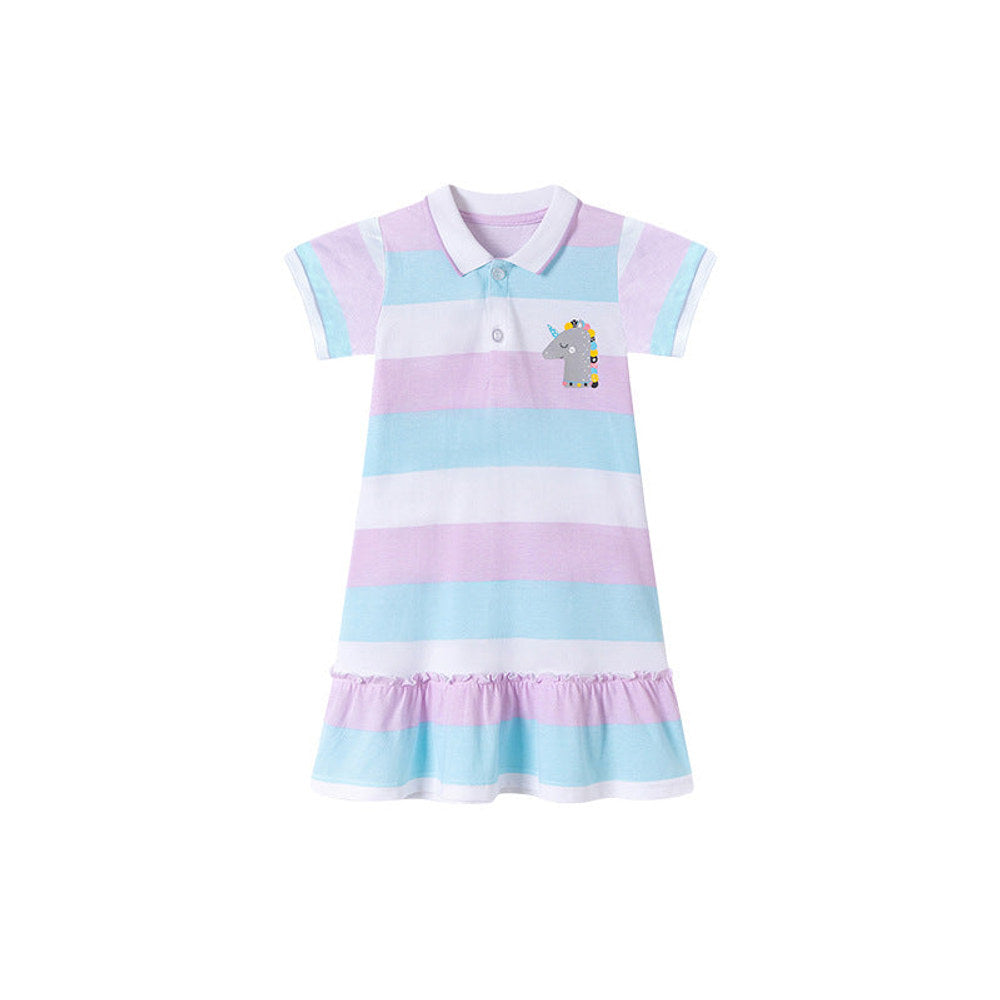 MyKids-USA® Color Patchwork Striped Pattern Short Sleeves Dress for Stylish Girls