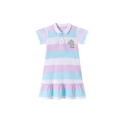 MyKids-USA® Color Patchwork Striped Pattern Short Sleeves Dress for Stylish Girls