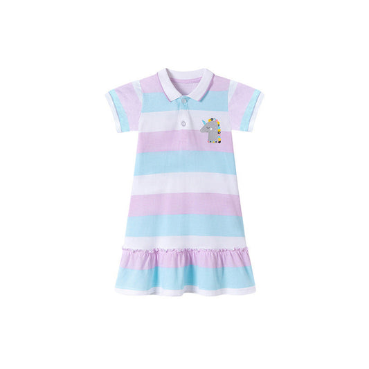 MyKids-USA® Summer Arrival Color Patchwork Striped Pattern Short Sleeves Dress for Stylish Girls