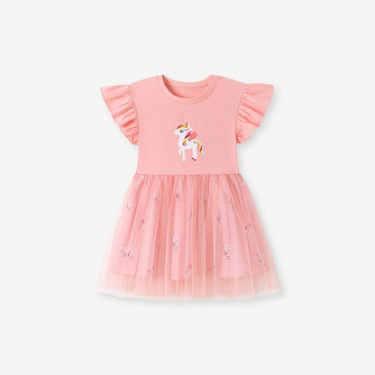 MyKids-USA® Unicorns Cartoon Pattern Fly Sleeves Tulle Patchwork Dress for Stylish Girls