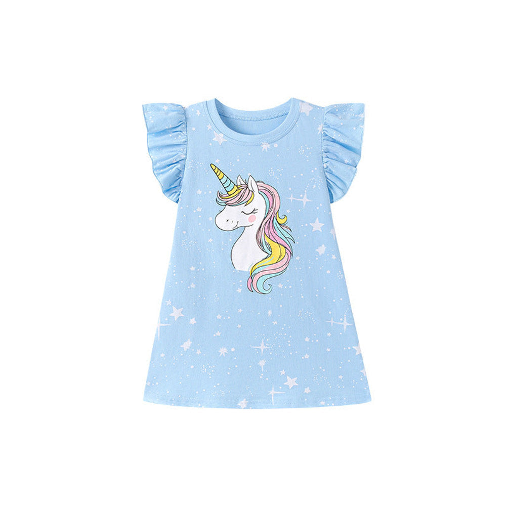 MyKids-USA® Unicorns Cartoon and Stars Pattern Fly Sleeves Dress for Stylish Girls