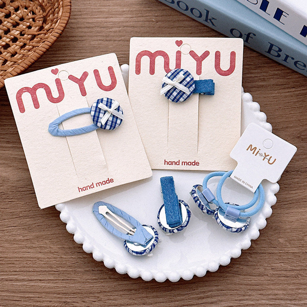 MyKids-USA® Collection of 2 Versatile Blue Plaid Pattern Hair Clips and Hair Ties
