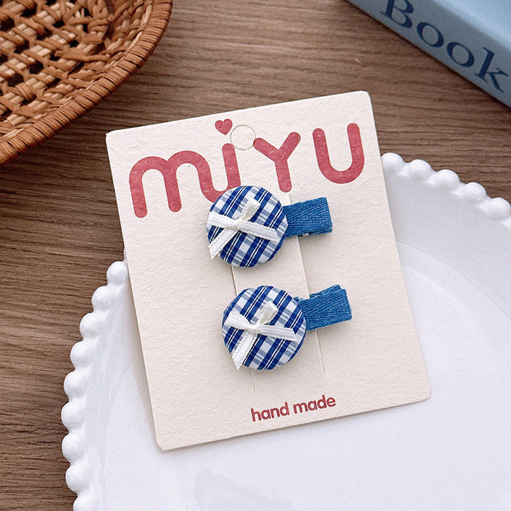 MyKids-USA® Collection of 2 Versatile Blue Plaid Pattern Hair Clips and Hair Ties