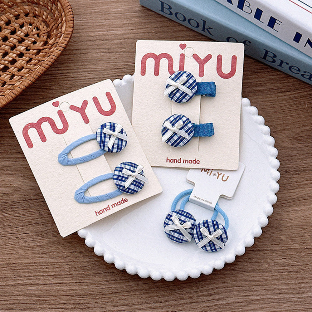 MyKids-USA® Collection of 2 Versatile Blue Plaid Pattern Hair Clips and Hair Ties