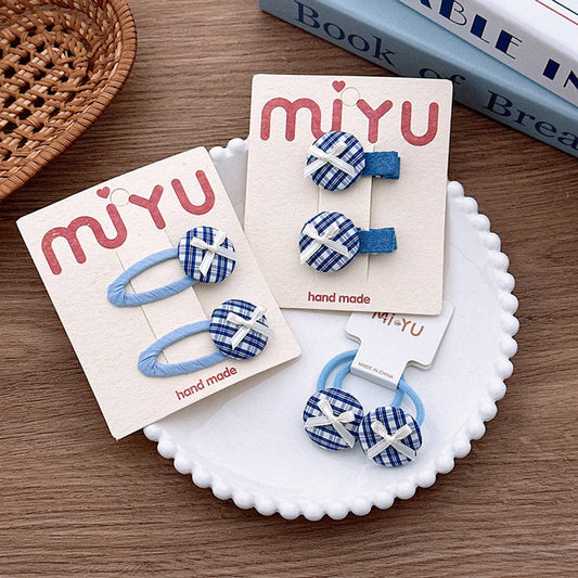 MyKids-USA® Collection of 2 Versatile Blue Plaid Pattern Hair Clips and Hair Ties