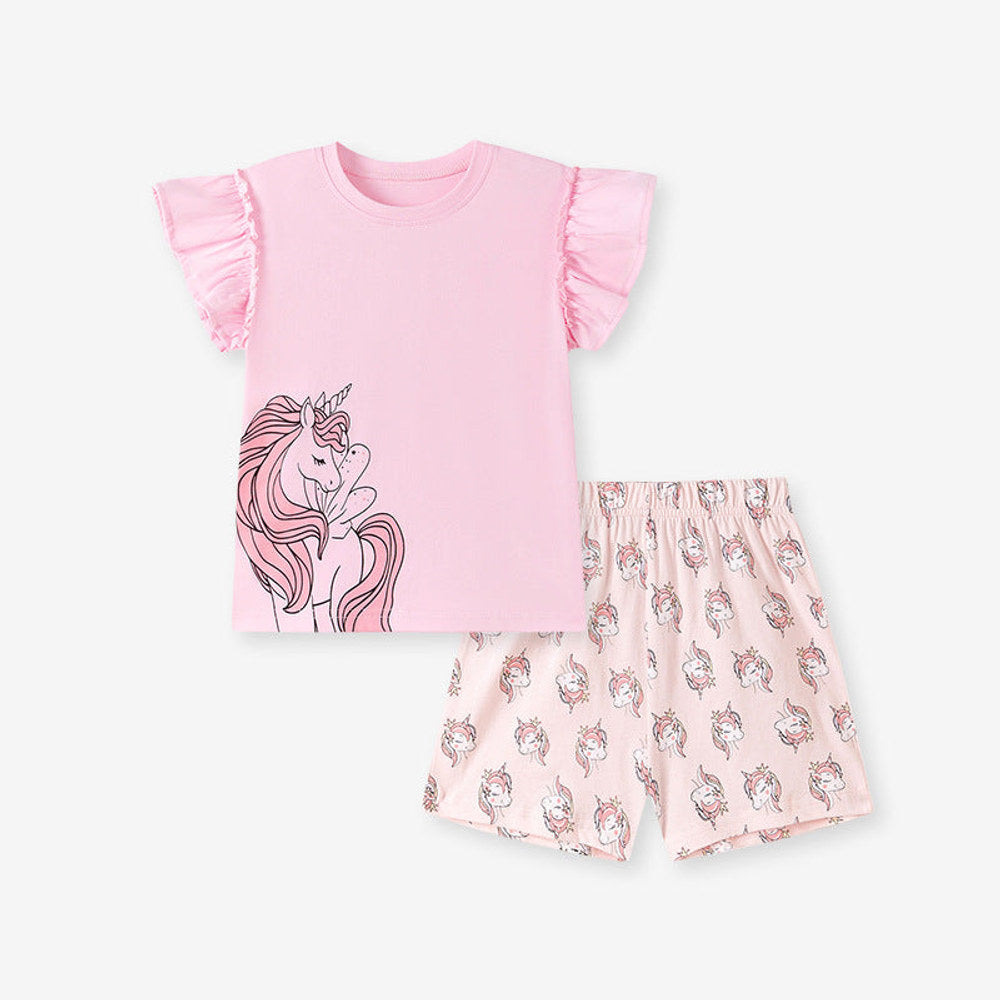 MyKids-USA® Summer Hot Selling Baby Kids Girls Short Sleeves Cartoon Pattern T-shirt and Shorts Clothing Set