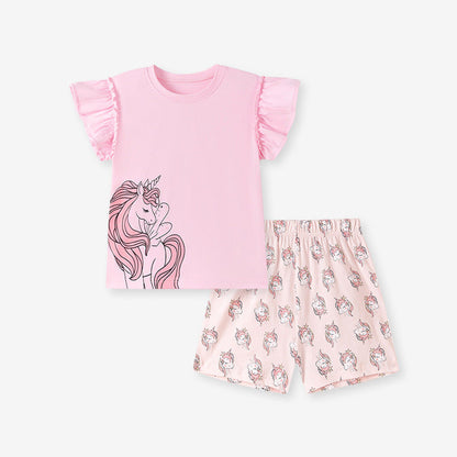 MyKids-USA® Summer Hot Selling Baby Kids Girls Short Sleeves Cartoon Pattern T-shirt and Shorts Clothing Set
