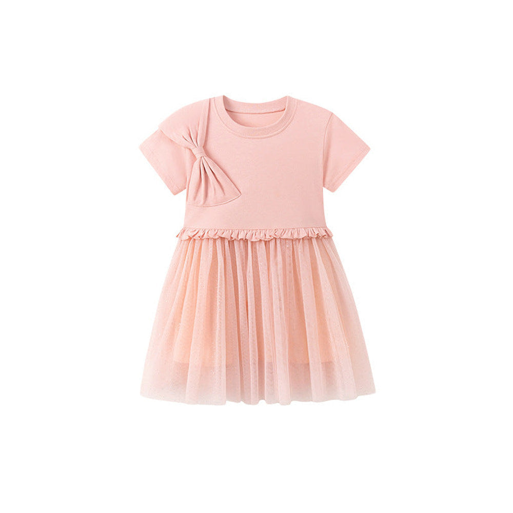 MyKids-USA® Butterfly-bow Pattern Short Sleeves Tulle Patchwork Dress for Stylish Girls