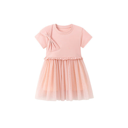 MyKids-USA® Butterfly-bow Pattern Short Sleeves Tulle Patchwork Dress for Stylish Girls