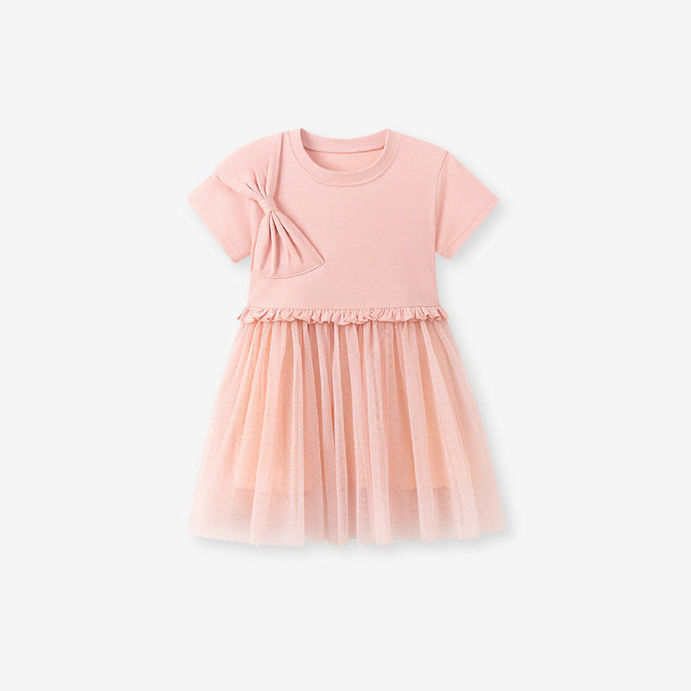 MyKids-USA® Butterfly-bow Pattern Short Sleeves Tulle Patchwork Dress for Stylish Girls