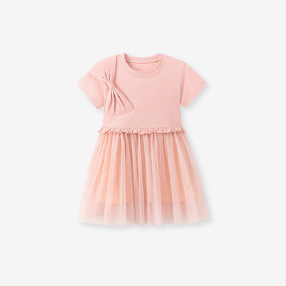 MyKids-USA® Butterfly-bow Pattern Short Sleeves Tulle Patchwork Dress for Stylish Girls