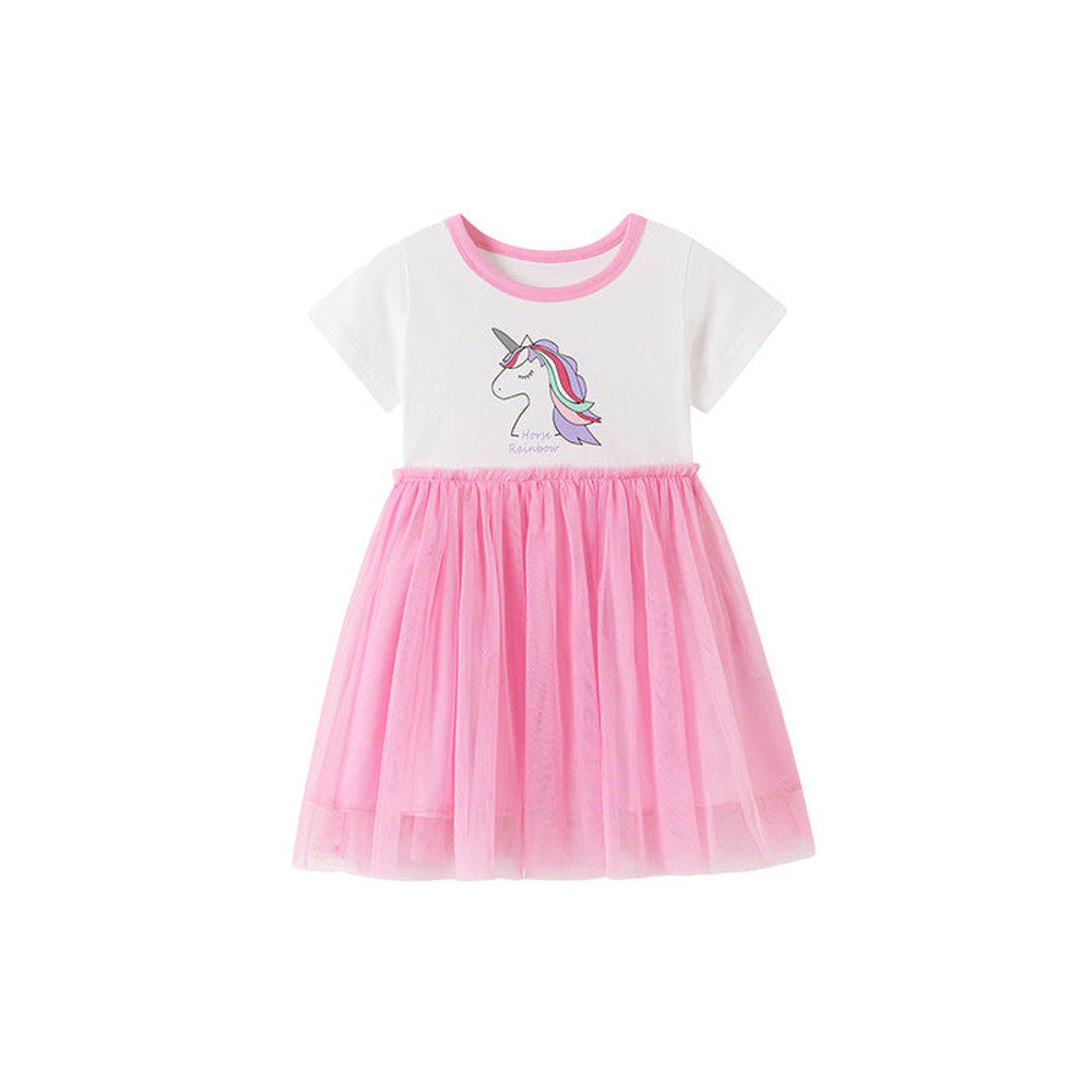 MyKids-USA® Unicorn Cartoon Pattern Short Sleeves Tulle Patchwork Dress for Stylish Girls