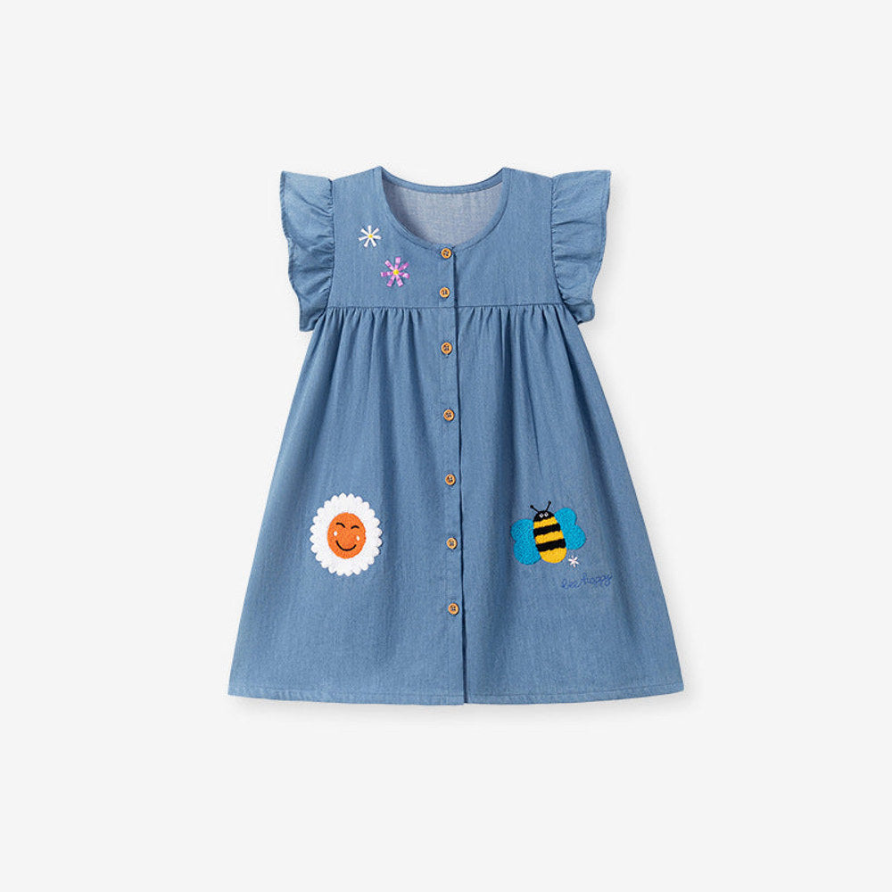 MyKids-USA® Cartoon Pattern Fly Sleeves Single Breasted Denim Dress for Stylish Girls