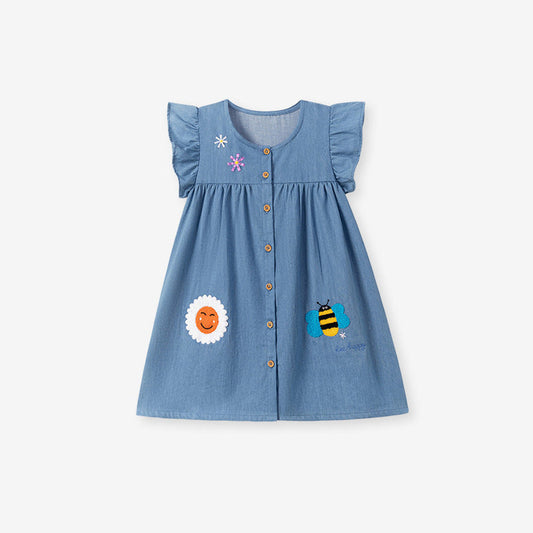 MyKids-USA® Summer Arrival Cartoon Pattern Fly Sleeves Single Breasted Denim Dress for Stylish Girls