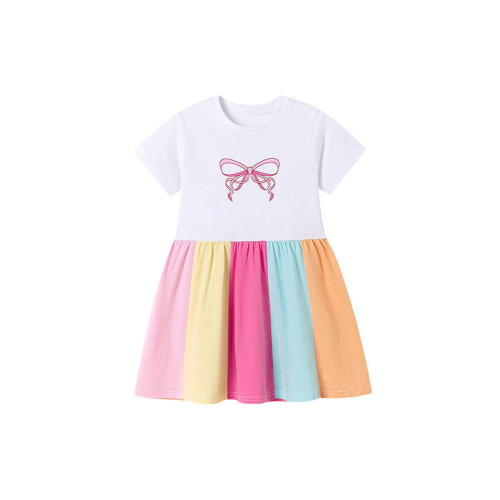 MyKids-USA® Butterfly-bow Pattern Short Sleeves Color Patchwork Dress for Stylish Girls