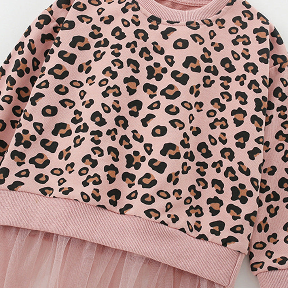 MyKids-USA® Leopard Pattern Long Sleeves Pullover with Tulle Decoration for Stylish Girls