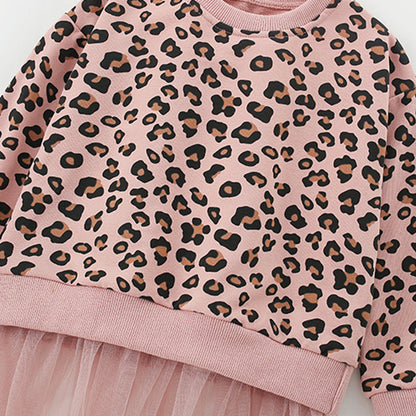 MyKids-USA® Leopard Pattern Long Sleeves Pullover with Tulle Decoration for Stylish Girls