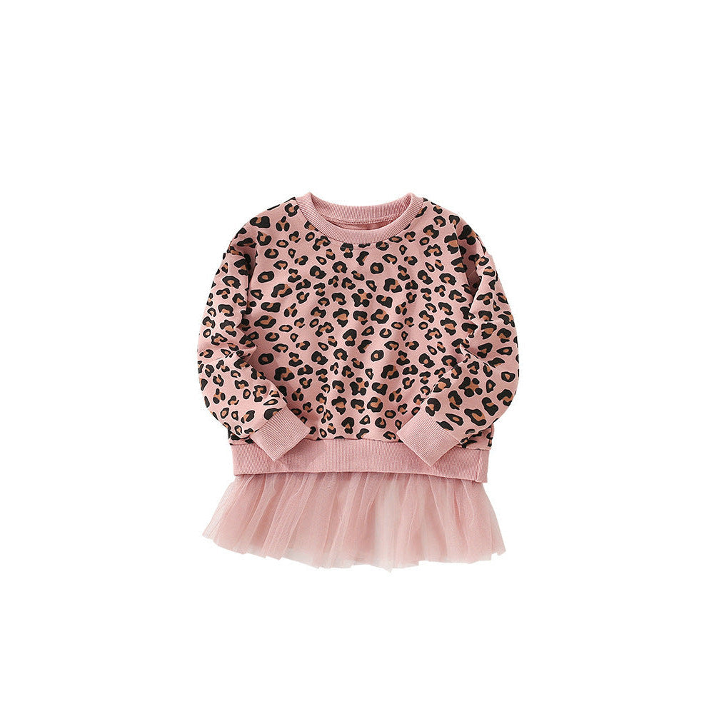 MyKids-USA® Leopard Pattern Long Sleeves Pullover with Tulle Decoration for Stylish Girls