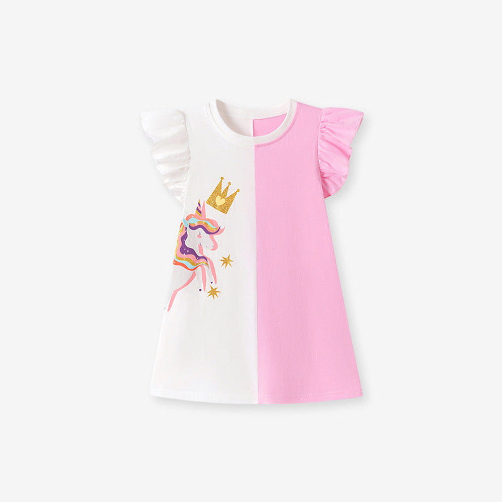 MyKids-USA® Cartoon Pattern Fly Sleeves Color Patchwork Dress for Stylish Girls