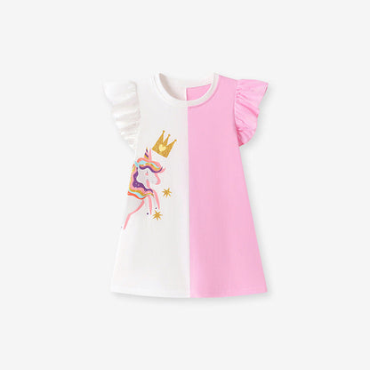 MyKids-USA® Cartoon Pattern Fly Sleeves Color Patchwork Dress for Stylish Girls