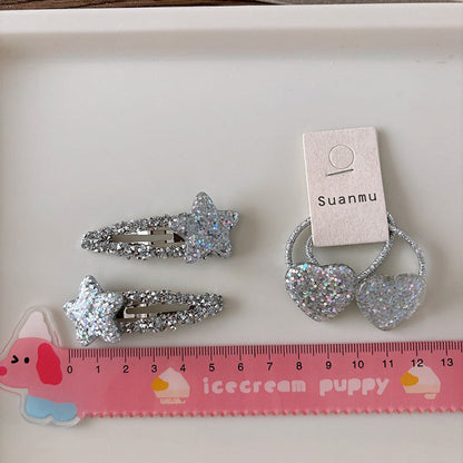 MyKids-USA® Collection of 2 Versatile Sparkling Silver Star Hair Clips and Hair Ties