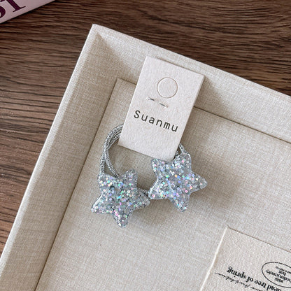 MyKids-USA® Collection of 2 Versatile Sparkling Silver Star Hair Clips and Hair Ties