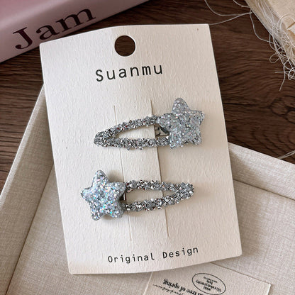 MyKids-USA® Collection of 2 Versatile Sparkling Silver Star Hair Clips and Hair Ties