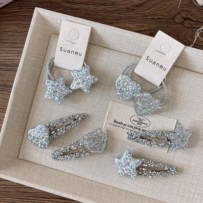 MyKids-USA® Collection of 2 Versatile Sparkling Silver Star Hair Clips and Hair Ties