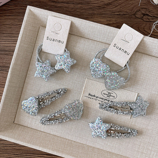 MyKids-USA® Collection of 2 Versatile Sparkling Silver Star Hair Clips and Hair Ties