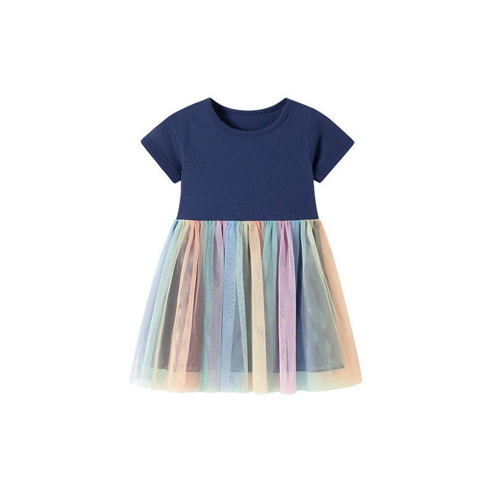 MyKids-USA® Color Patchwork Short Sleeves Tulle Dress for Stylish Girls