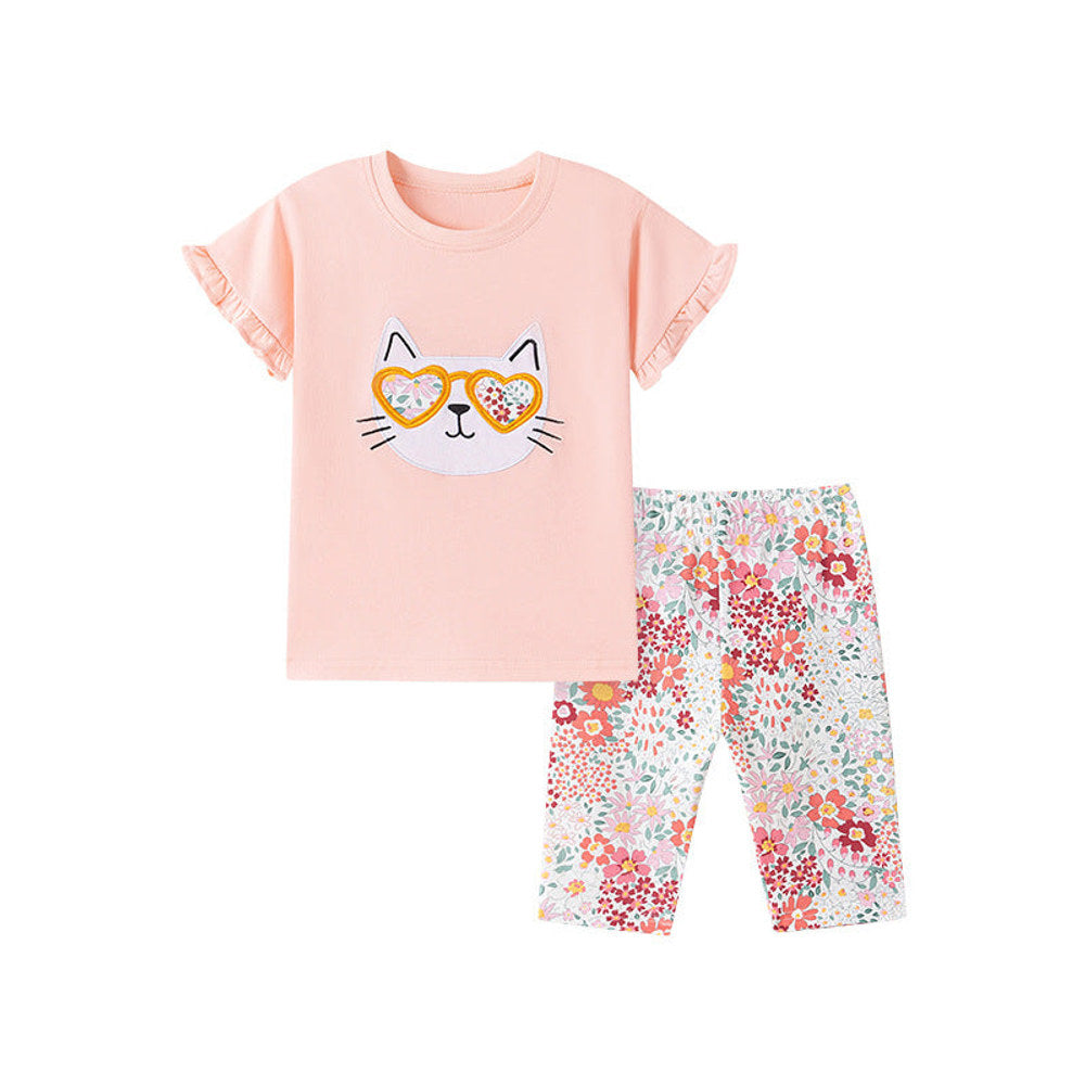 MyKids-USA® Summer Hot Selling Baby Kids Girls Short Sleeves Cartoon Pattern T-shirt and Floral Pants Clothing Set